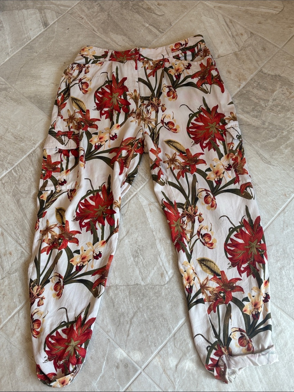 Chico's Cream Floral Pants with Red & Green Botanical Print